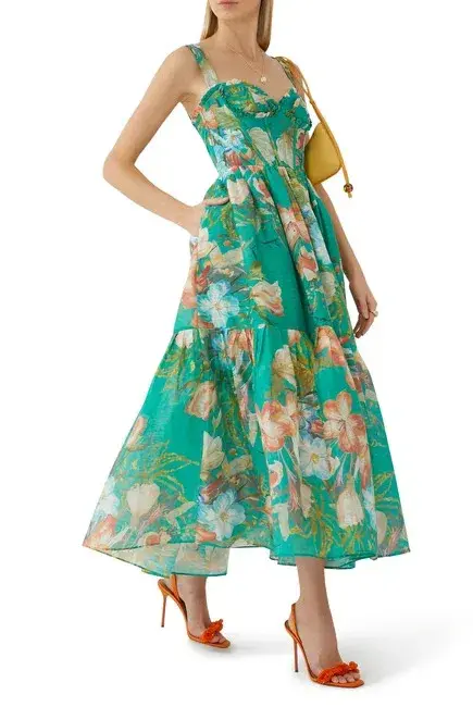 Leo Lin Rose Bustier Midi Dress In Opulent Print in Verdant Size 6 for rent on The Volte - main image
