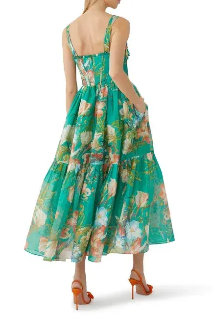 Leo Lin Rose Bustier Midi Dress In Opulent Print in Verdant Size 6 for rent on The Volte - main image
