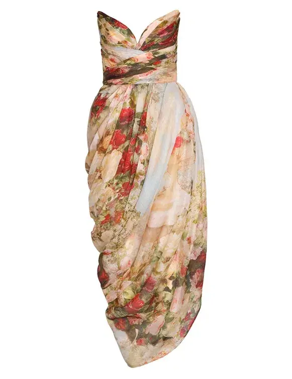 Zimmermann The Luminosity Strapless Midi in Rosy Garden Floral Size 0/Au 8 for rent on The Volte - main image