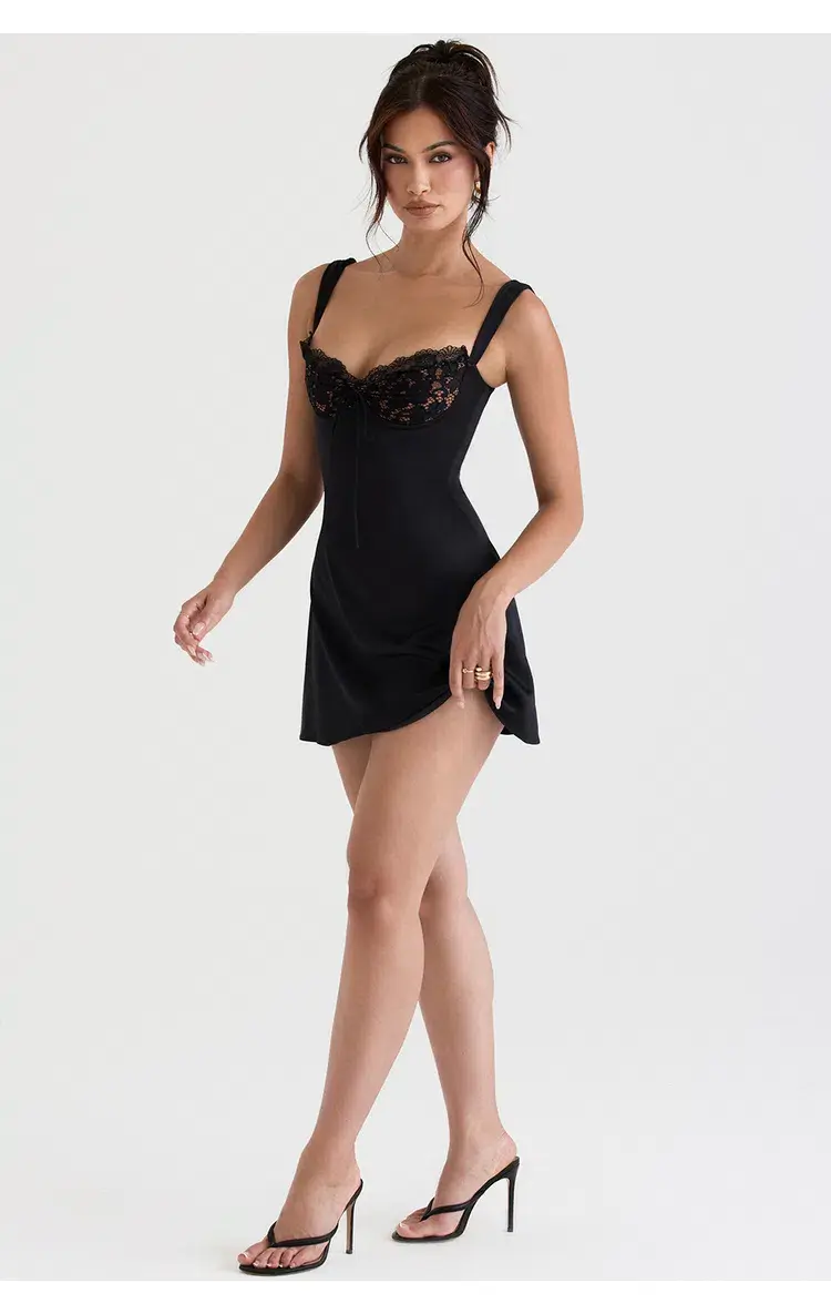 House of CB Adriana Satin and Lace Mini Dress Black Size L / AU 12 for rent on The Volte - main image