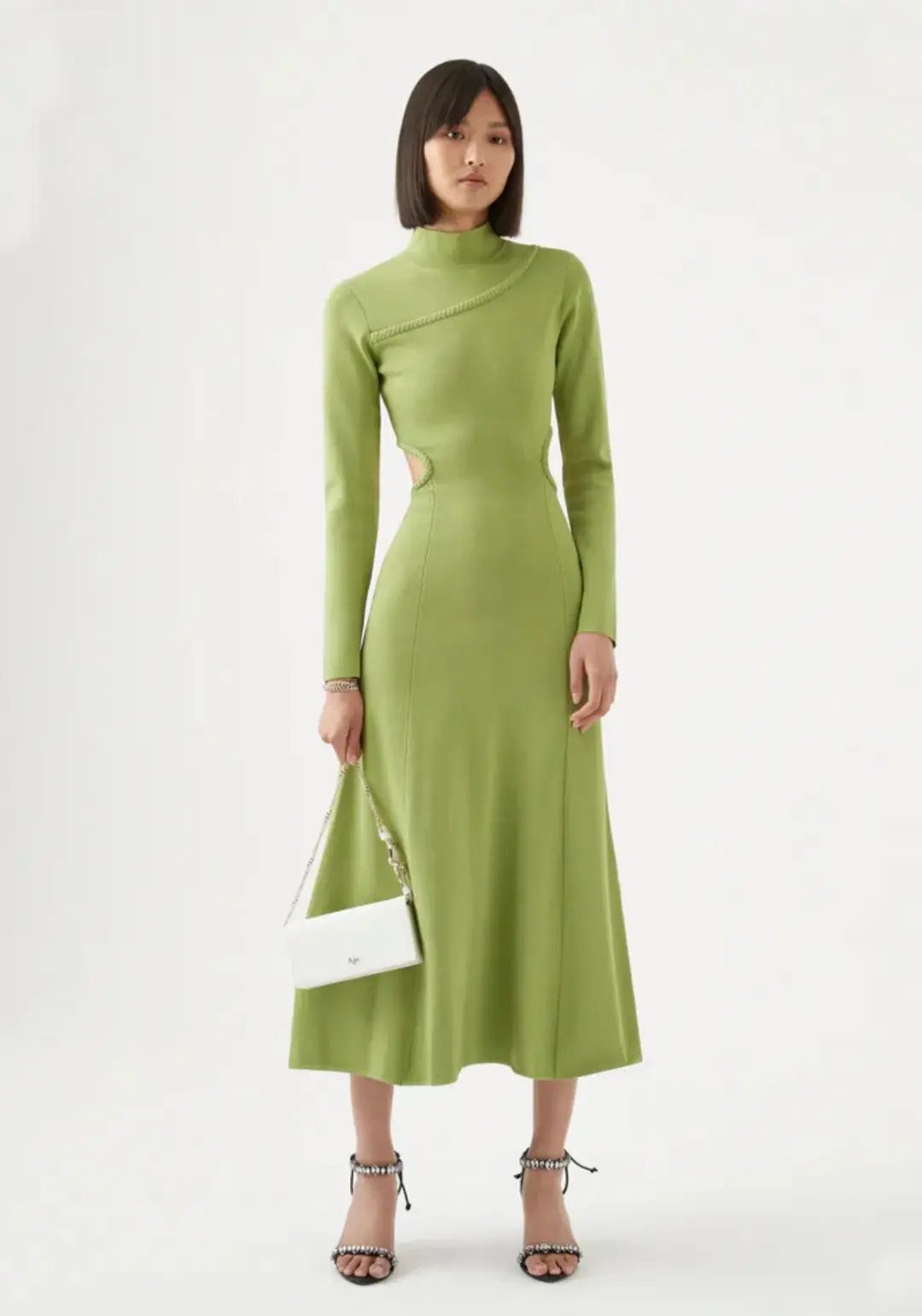 Aje Amelie Braided Cut Out Knit Dress in Olive Green Size M/Au 12 for rent on The Volte - main image