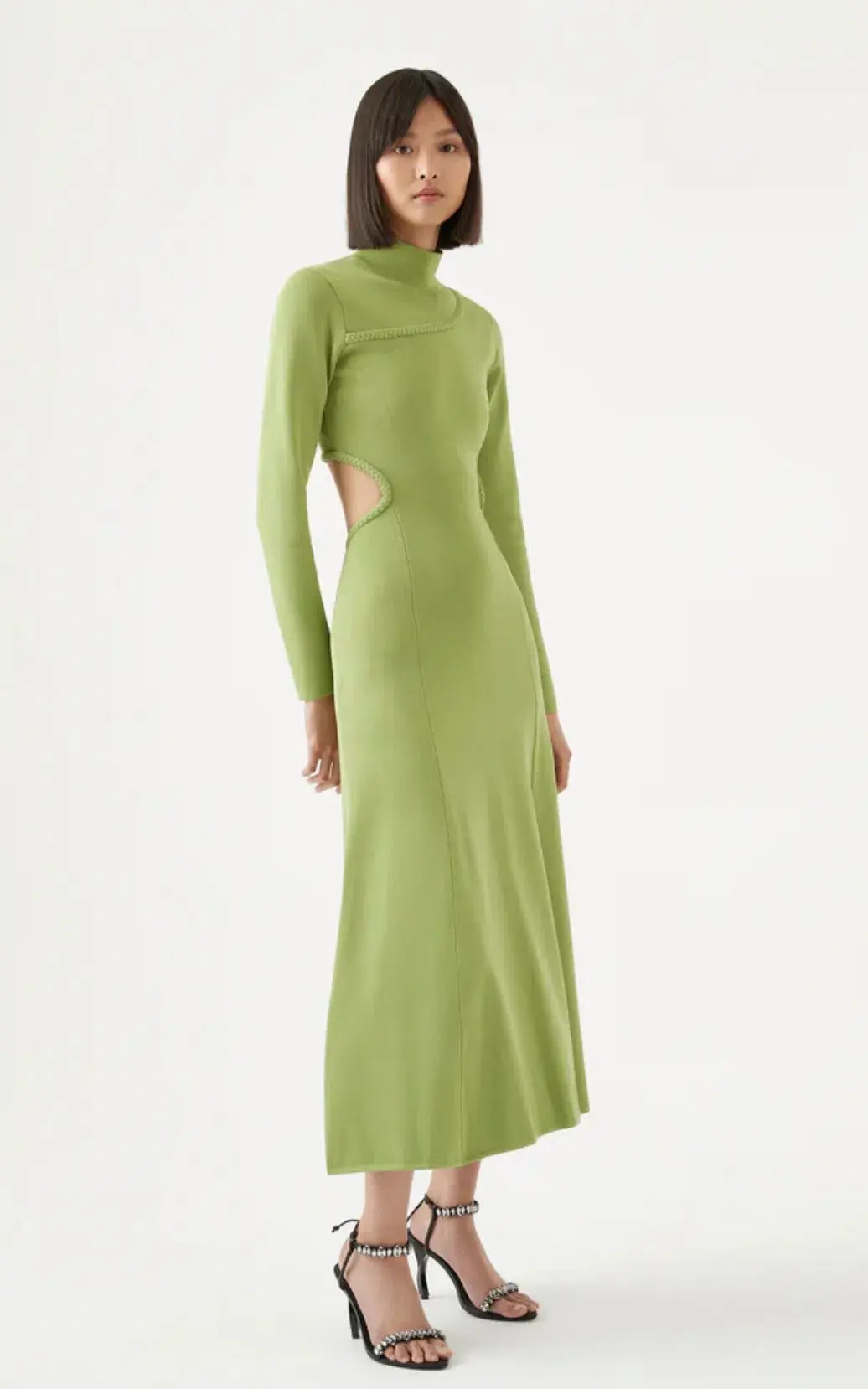 Aje Amelie Braided Cut Out Knit Dress in Olive Green Size M/Au 12 for rent on The Volte - main image