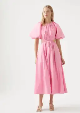 Aje Capucine Puff Sleeve Midi Dress Pink Size AU 10