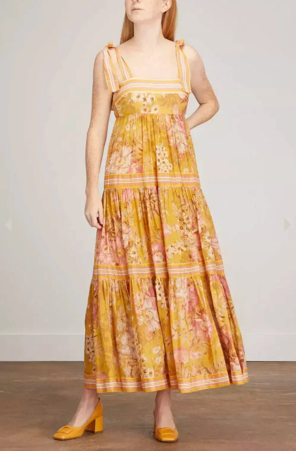 Zimmermann Pattie Tie Shoulder Dress Yellow / Mustard Floral Size 3 / AU 14 for rent on The Volte - main image