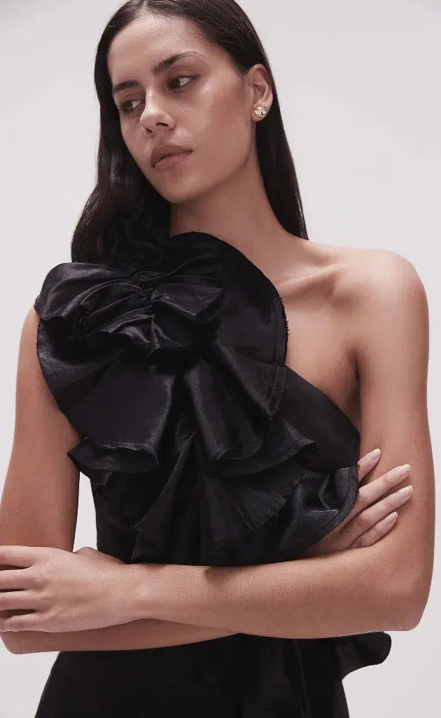 Aje Adelia Ruffle Midi Dress Black Size 12 for rent on The Volte - main image