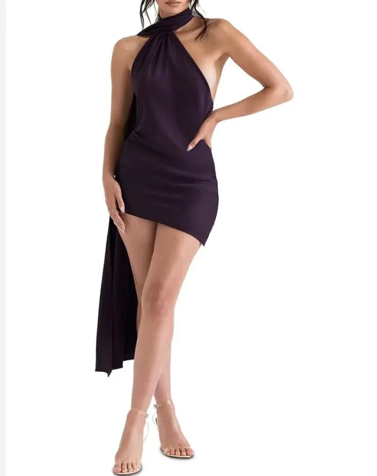 House of CB Aida Asymmetric Wrap Neck Dress Night Shade Size 8 for rent on The Volte - main image