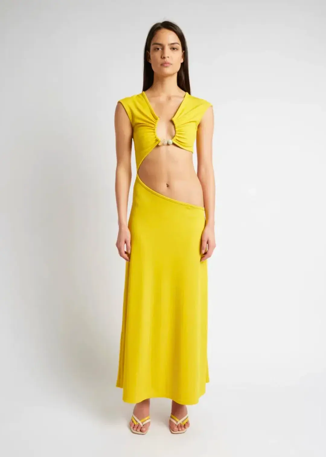 Christopher Esber Quartz Disconnect Torso Cap Sleeve Dress Yellow Size 10 for rent on The Volte - main image