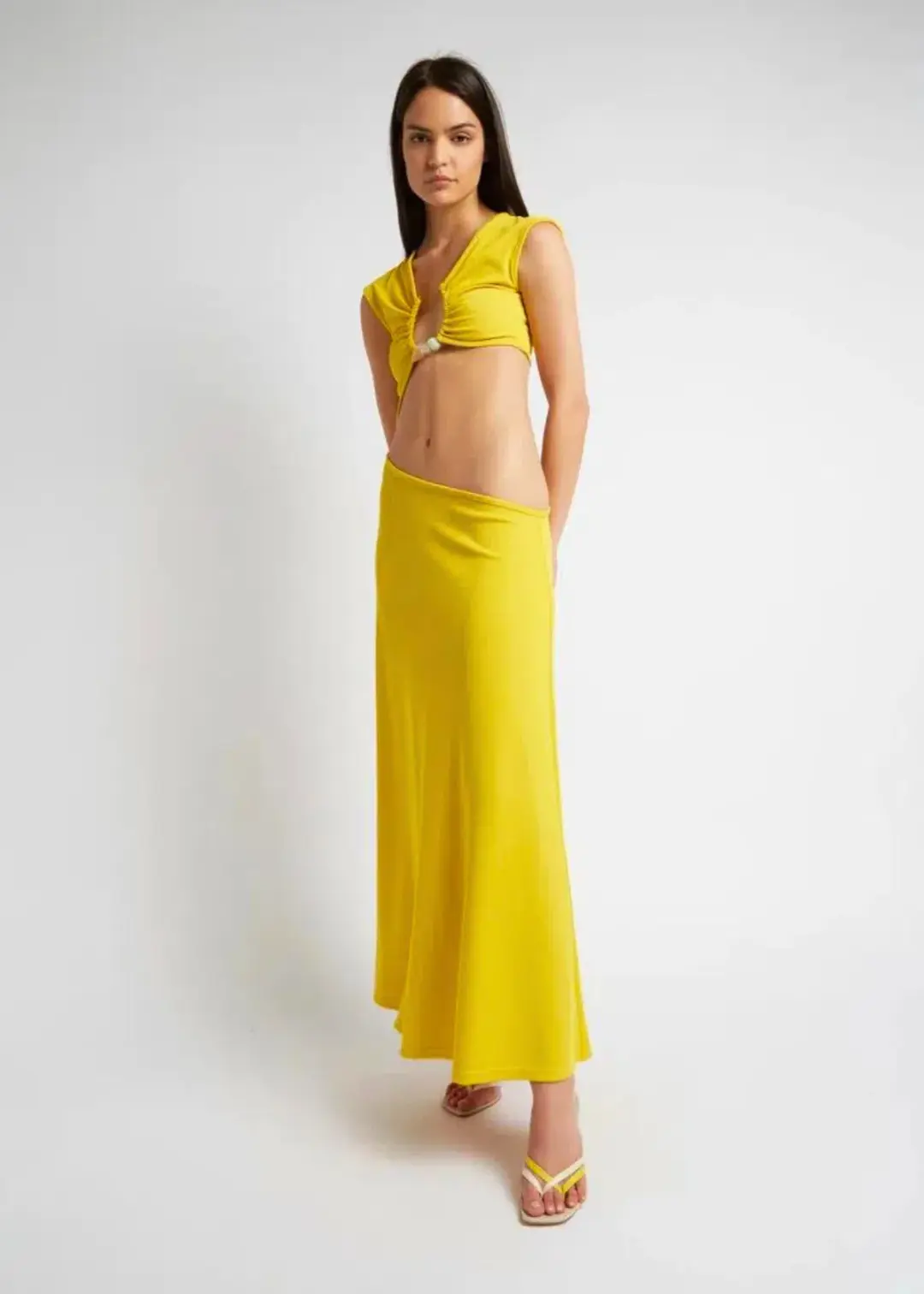 Christopher Esber Quartz Disconnect Torso Cap Sleeve Dress Yellow Size 10 for rent on The Volte - main image