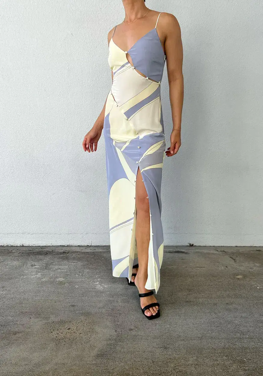 Sir the label Adrianna Buttoned Slip Dress Blue Multi Size 6 for rent on The Volte - main image