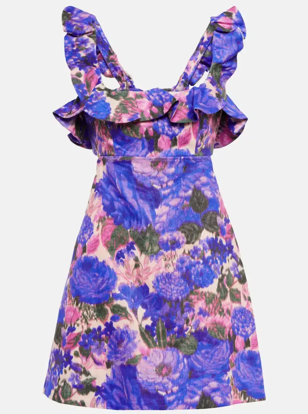 Zimmermann High Tide Frilled Mini Dress In Purple Ikat Floral Size 2 / AU 12 for rent on The Volte - main image