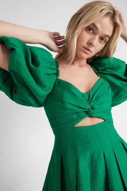 Aje Dusk Knot Puff Sleeve Mini Dress Emerald Green Size 10 for rent on The Volte - main image