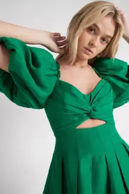 Aje Dusk Knot Puff Sleeve Mini Dress Emerald Green Size 10 for rent on The Volte - image 2