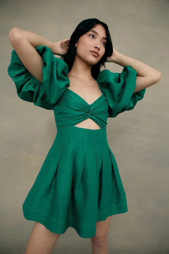 Aje Dusk Knot Puff Sleeve Mini Dress Emerald Green Size 10 for rent on The Volte - main image