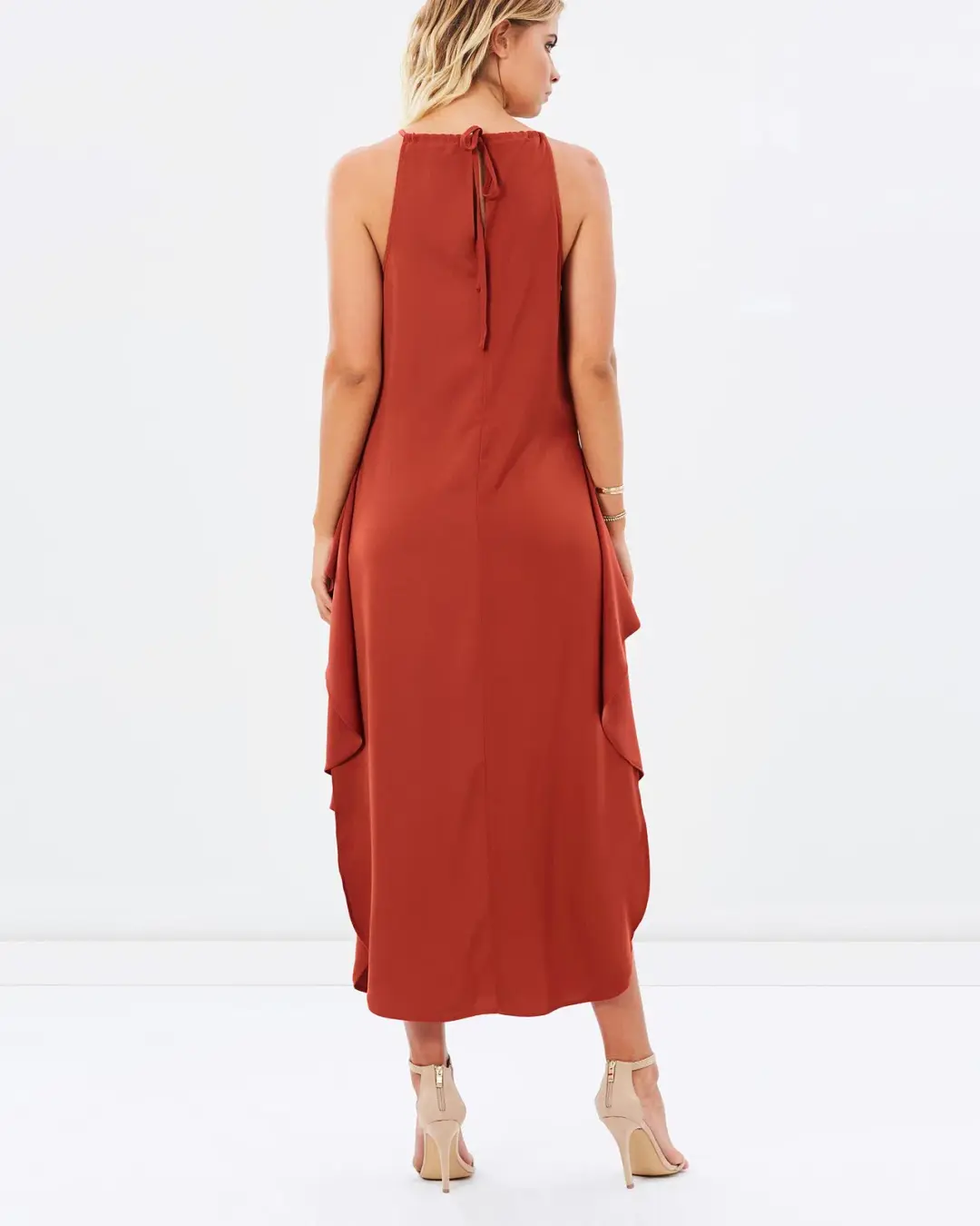 Shona Joy Voltaire Ruched Ruffle Midi Dress Rust Size 6 for rent on The Volte - main image