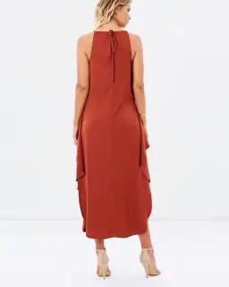 Shona Joy Voltaire Ruched Ruffle Midi Dress Rust Size 6 for rent on The Volte - image 3