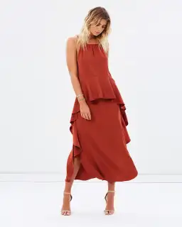 Shona Joy Voltaire Ruched Ruffle Midi Dress Rust Size 6 for rent on The Volte - image 1