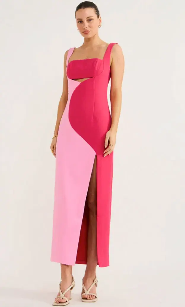 By Johnny Caterina Two Tone Curve Midi Dress Pink Size 10 for rent on The Volte - main image
