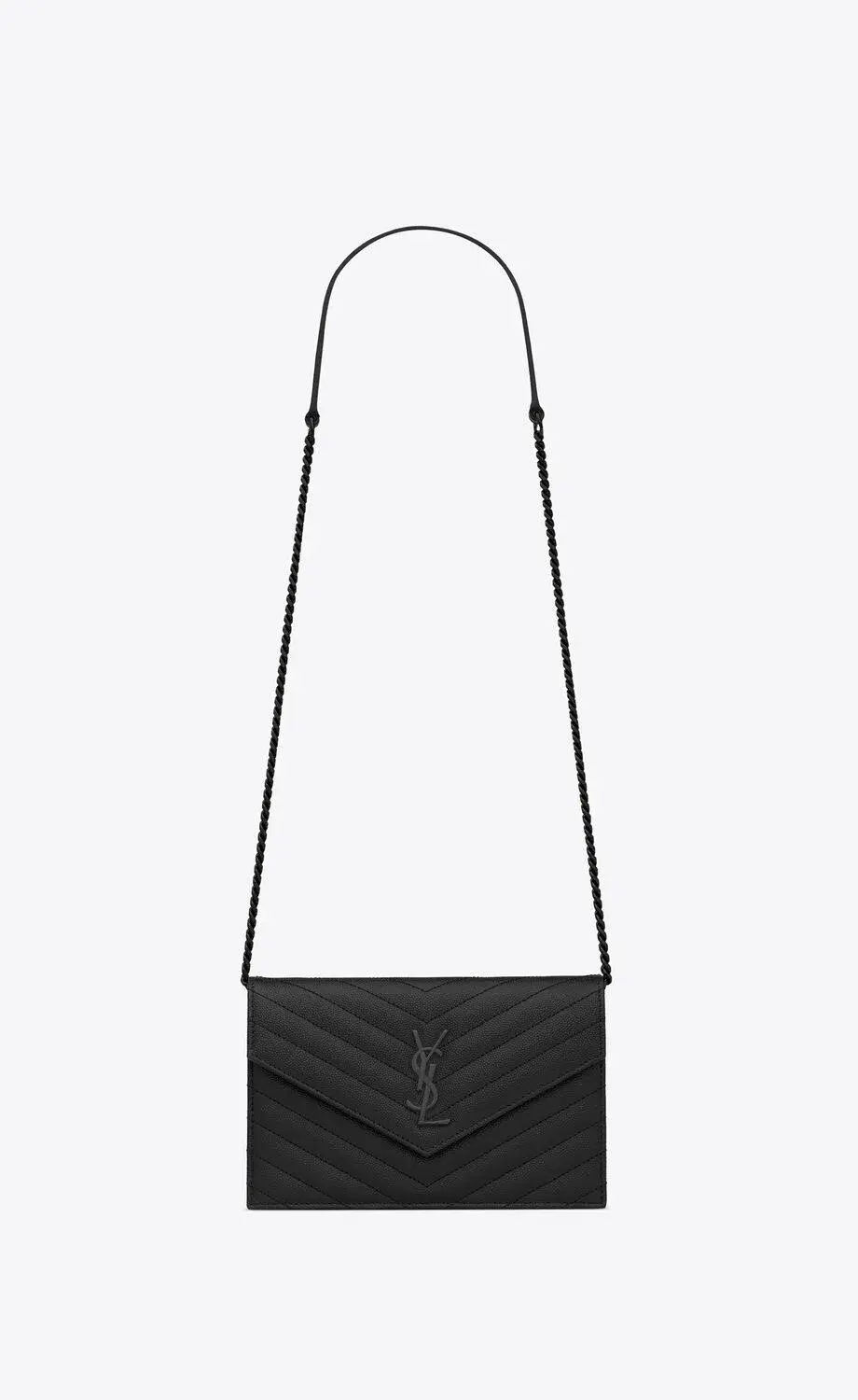 YSL Cassandre Matelassé Chain Wallet In Grain De Poudre Embossed Leather Small Black for rent on The Volte - main image