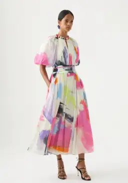 Aje Elysium Blouson Midi Dress Abstract Sunset Print Size 8 for rent on The Volte - image 1