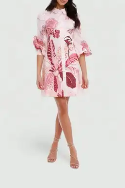 Leo Lin Amor Linen Mini Dress Pink Print Size 8 for rent on The Volte - image 1