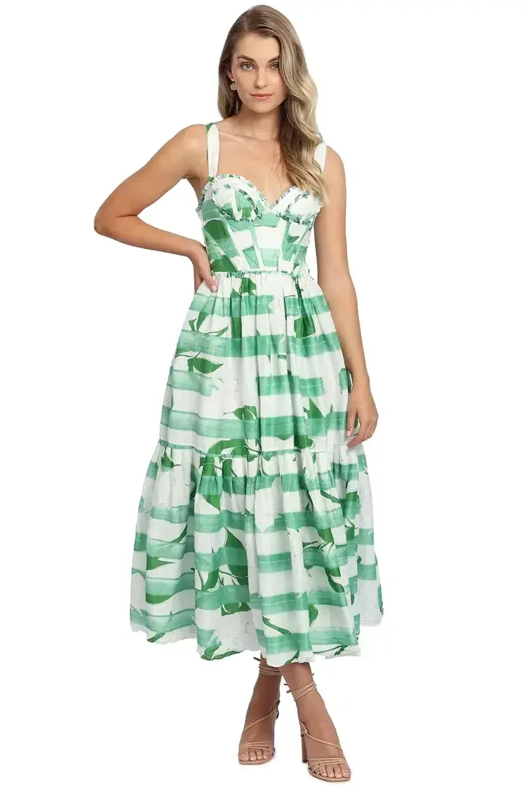 Leo Lin Rose Blanche Bustier Midi Dress Green Multi Print Size 12 - Image 2