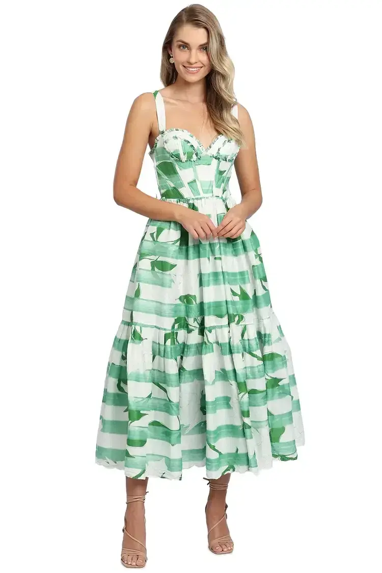 Leo Lin Rose Blanche Bustier Midi Dress Green Multi Print Size 12 - Image 1