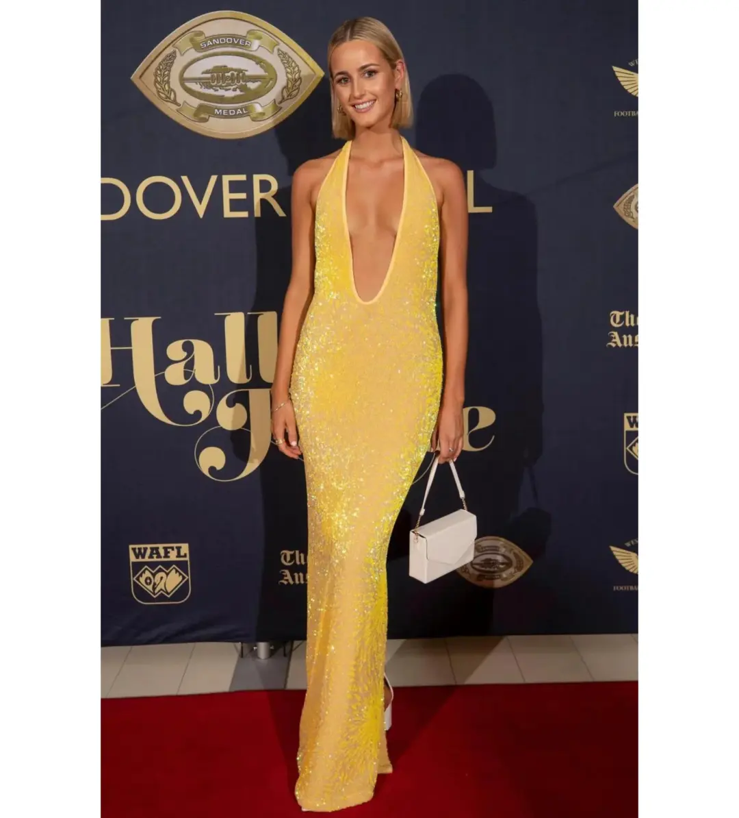 Natalie Rolt Delilah Gown Yellow Sequin Size 1/AU 8 for rent on The Volte - main image