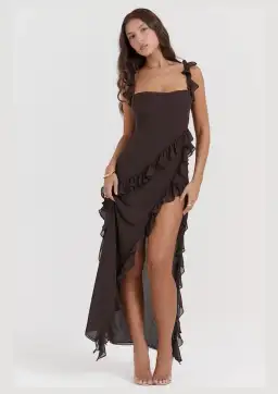 House of CB Ariela Ruffle Maxi Dress Espresso Brown Size XS / AU 6