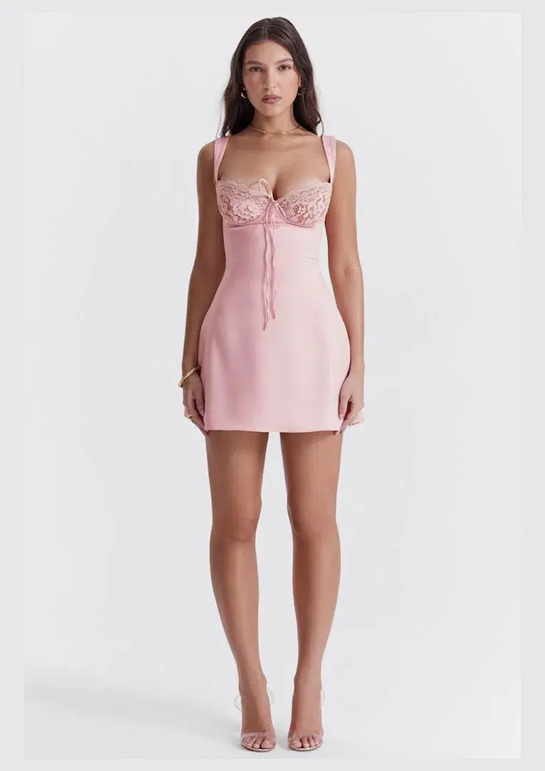 House of CB Adriana Satin and Lace Mini Dress Pink Size L / AU 12 for rent on The Volte - main image