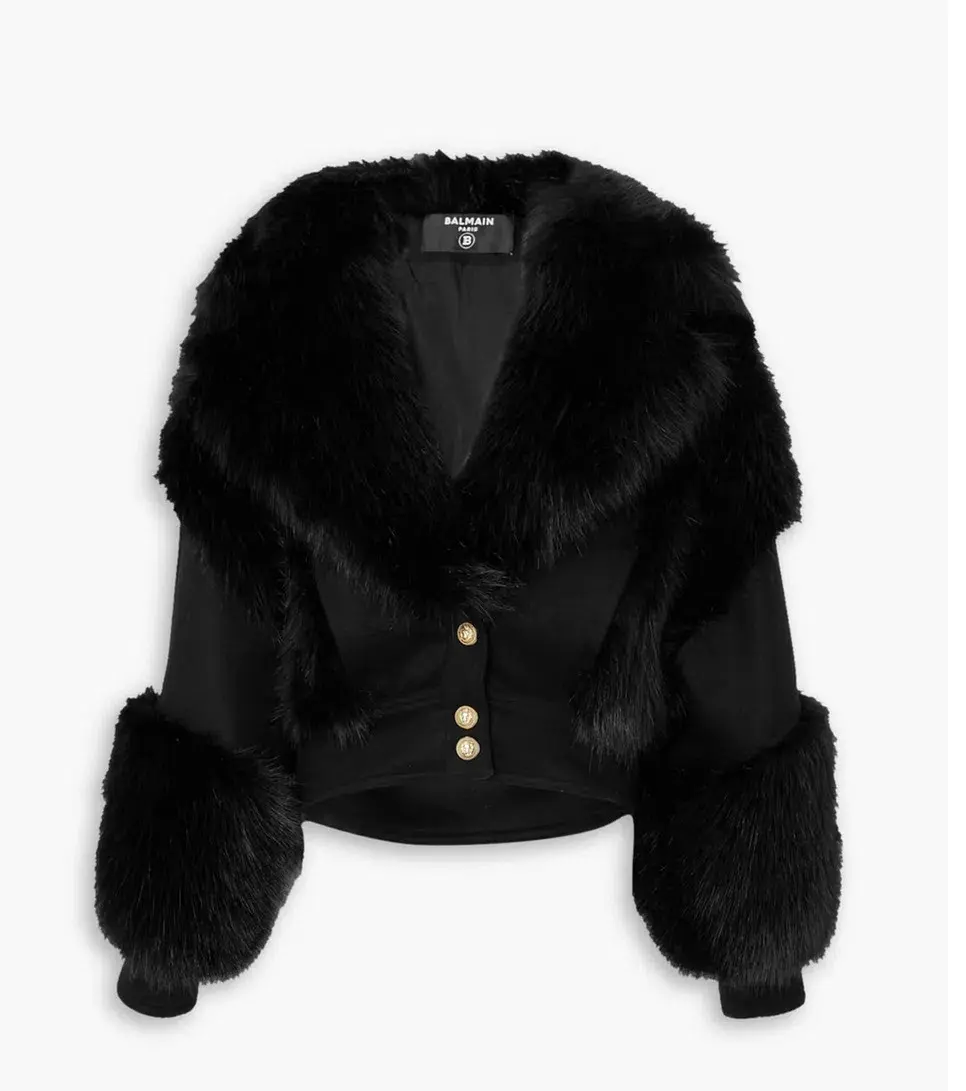 Balmain Faux Fur Cropped Coat Black Size AU 10 - Image 1