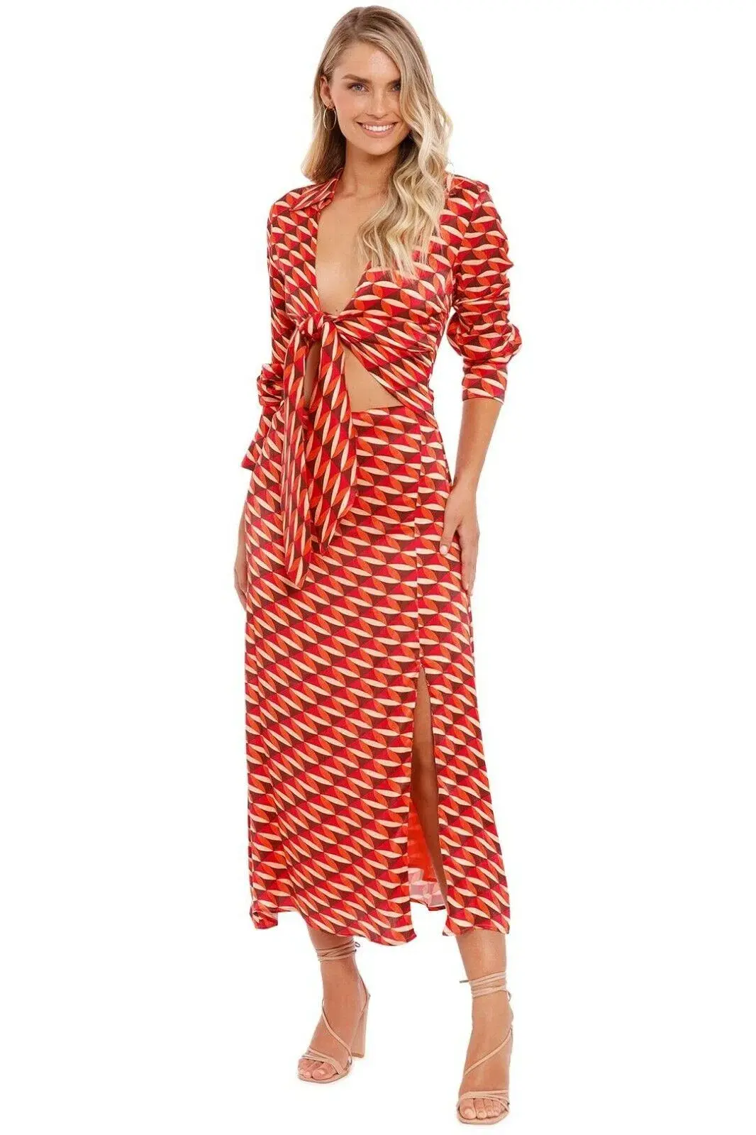 Nicholas Perle Tie Front Midi Dress Geo Print Multi Print Size 14 for rent on The Volte - main image