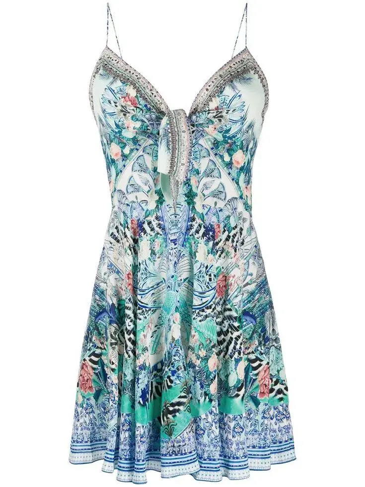 Camilla Tie Front Mini Dress Wings of Luxor Print Size 0 /Au 8 for rent on The Volte - main image