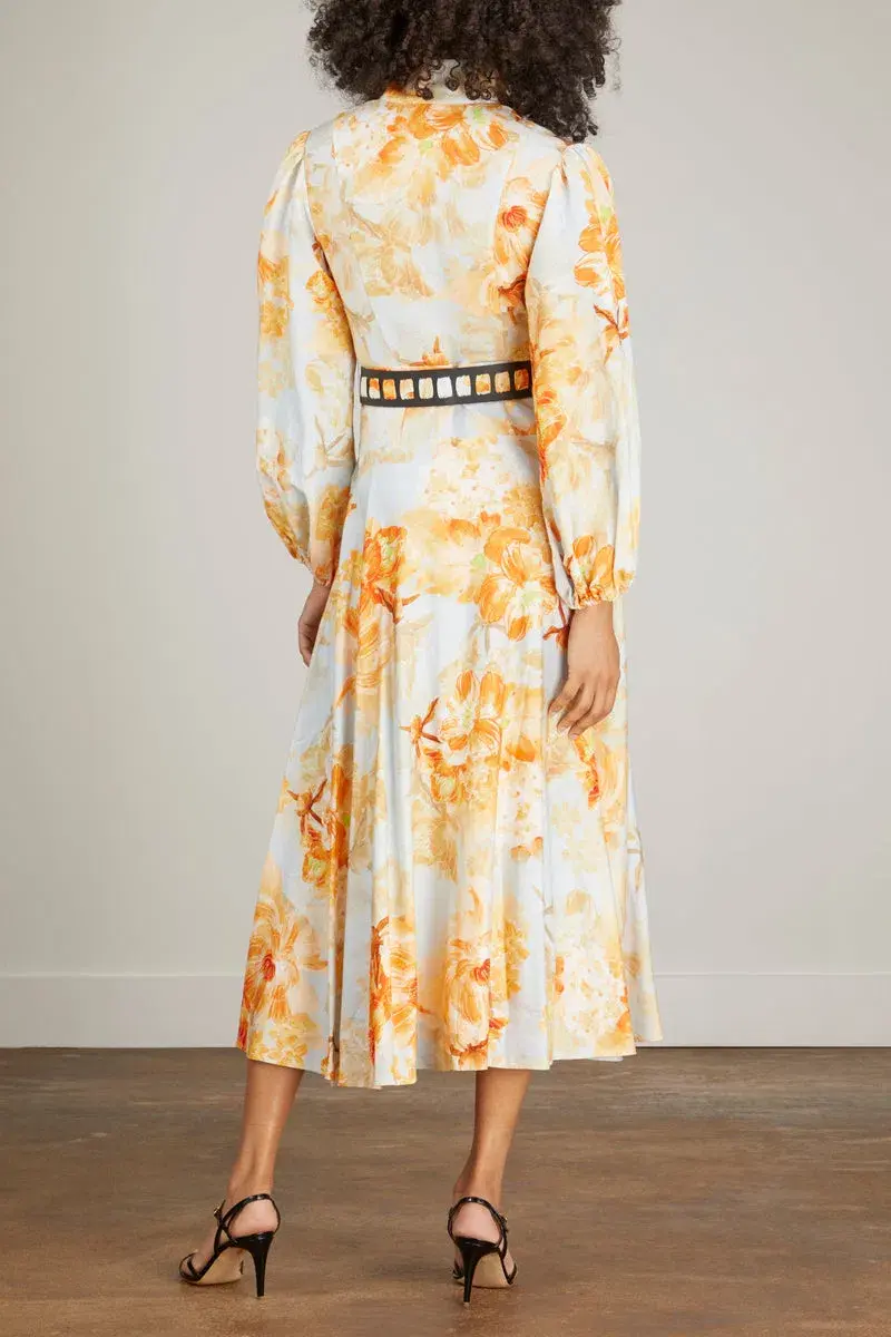Leo Lin Nellie Midi Dress Camellia Print In Apricot Size 16 for rent on The Volte - main image
