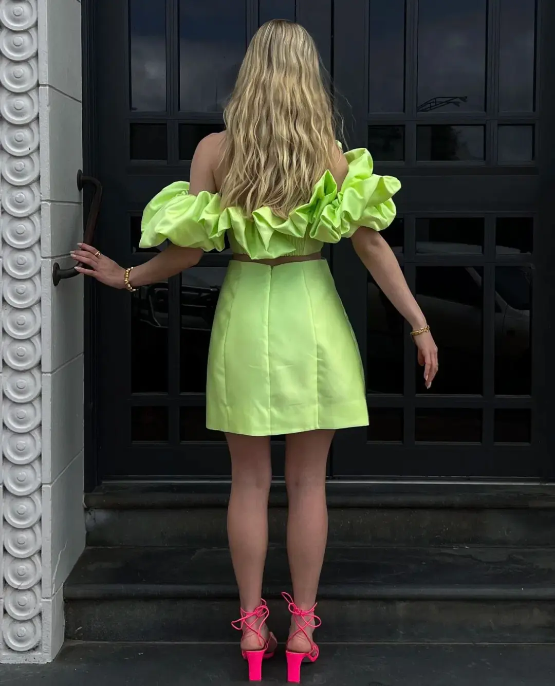 Alemais Suzi Off Shoulder Mini Dress in Chartreuse Size 8 for rent on The Volte - main image