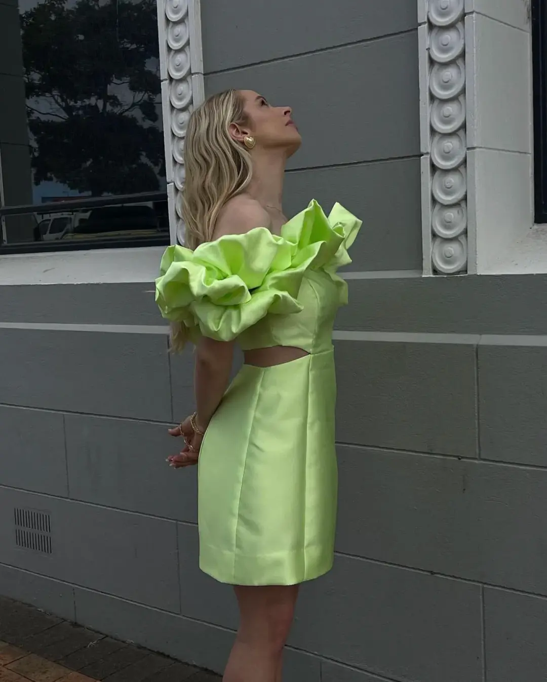 Alemais Suzi Off Shoulder Mini Dress in Chartreuse Size 8 for rent on The Volte - main image