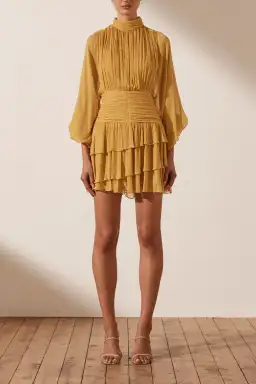 Shona Joy Iris Long Sleeve Ruched Mini Dress Saffron Yellow Size 12 for rent on The Volte - image 1
