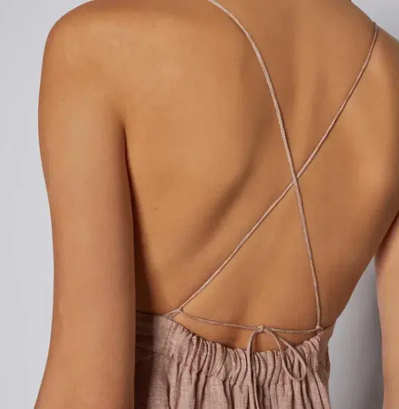 Scanlan Theodore Italian Linen Shoestring Dress Cappuccino Size 6 for rent on The Volte - main image