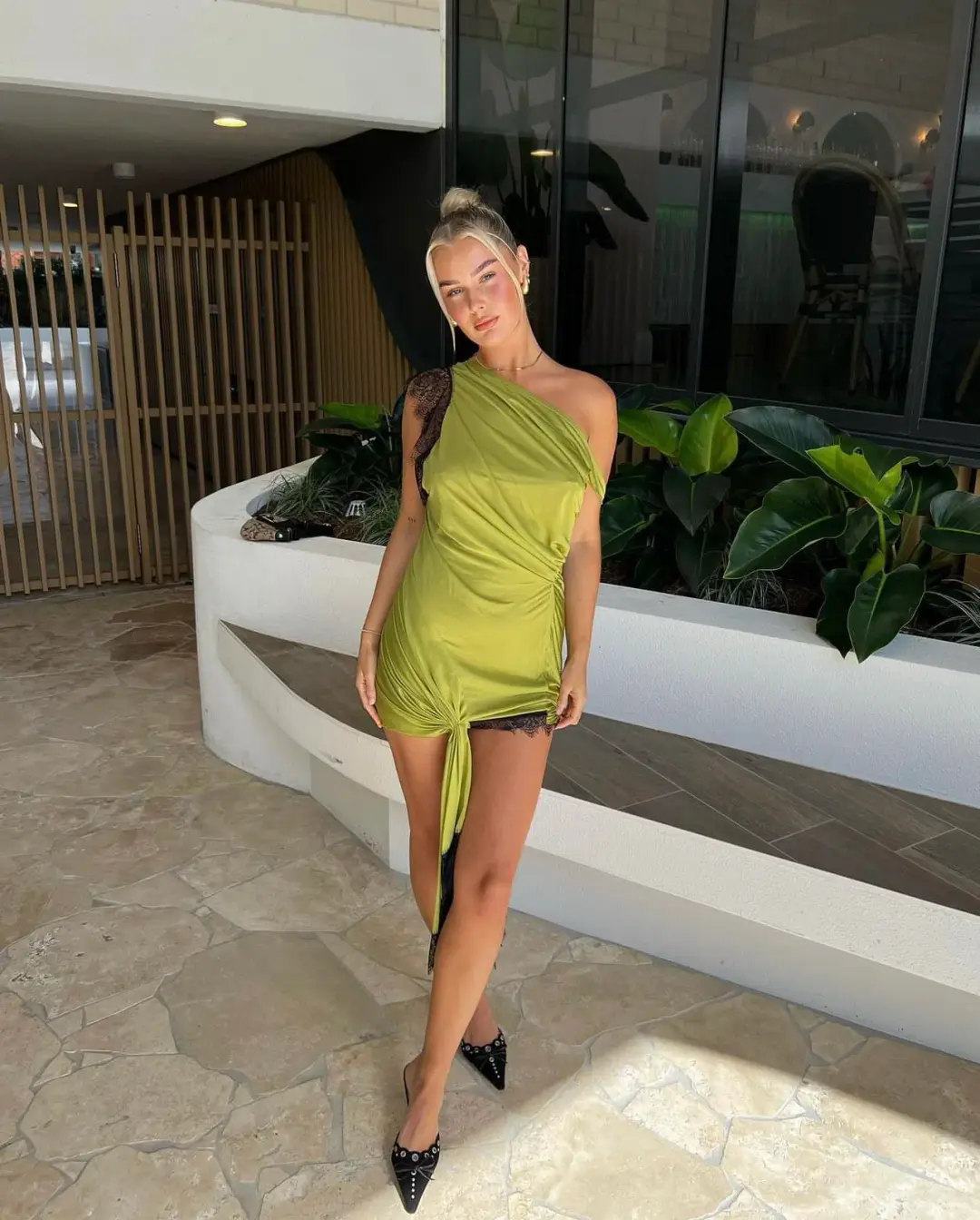 Christopher Esber Galathea Asymmetric Micro Mini Dress Green Size 8 for rent on The Volte - main image