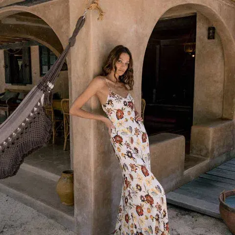 Ess The Label Emily Silk Slip Dress in Batik Ivory Size 4 for rent on The Volte - main image