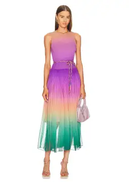 Zimmermann Cira Shirred Midi Dress Green Purple Ombre Size 1 / AU 10