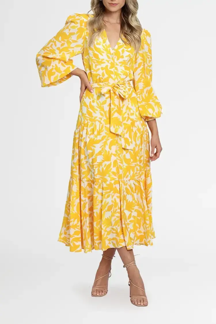 Rebecca Vallance Limoncello Midi Dress Print Yellow Size 6 for rent on The Volte - main image