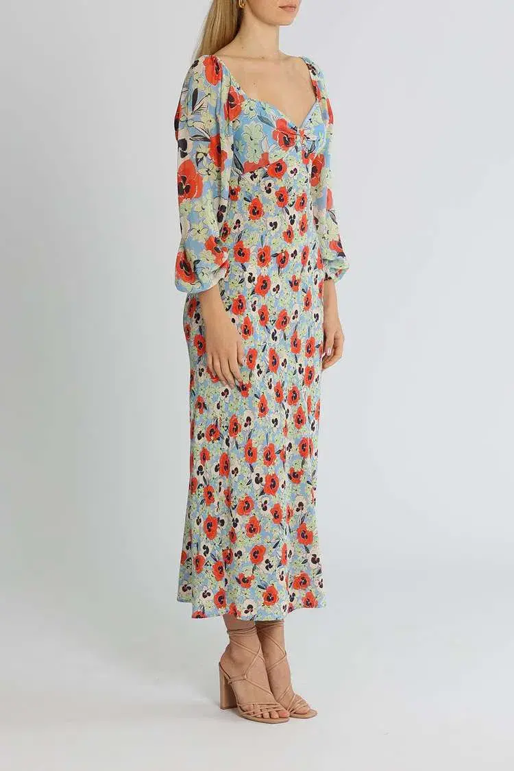 Rixo London Gio Neckline Midi Dress Blue Multi Print Size 14 for rent on The Volte - main image