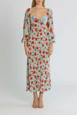 Rixo London Gio Neckline Midi Dress Blue Multi Print Size 14 for rent on The Volte - image 1