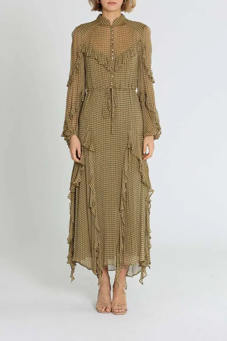 Shona Joy Eleonora Drawstring Frill Midi Dress Olive Khaki Print Size 14 - Image 1