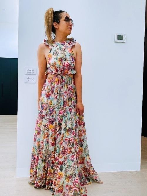 Zimmermann Lovestruck Ruffle Sleeveless Cutout Maxi Dress Print Size 0 for rent on The Volte - main image