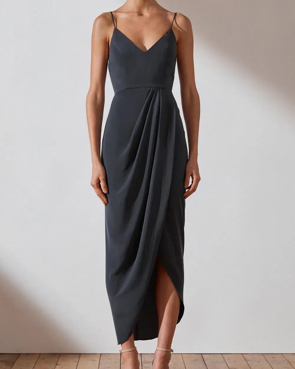 Shona Joy Core Cocktail Draped Maxi Dress Charcoal Grey Size 14 for rent on The Volte - main image