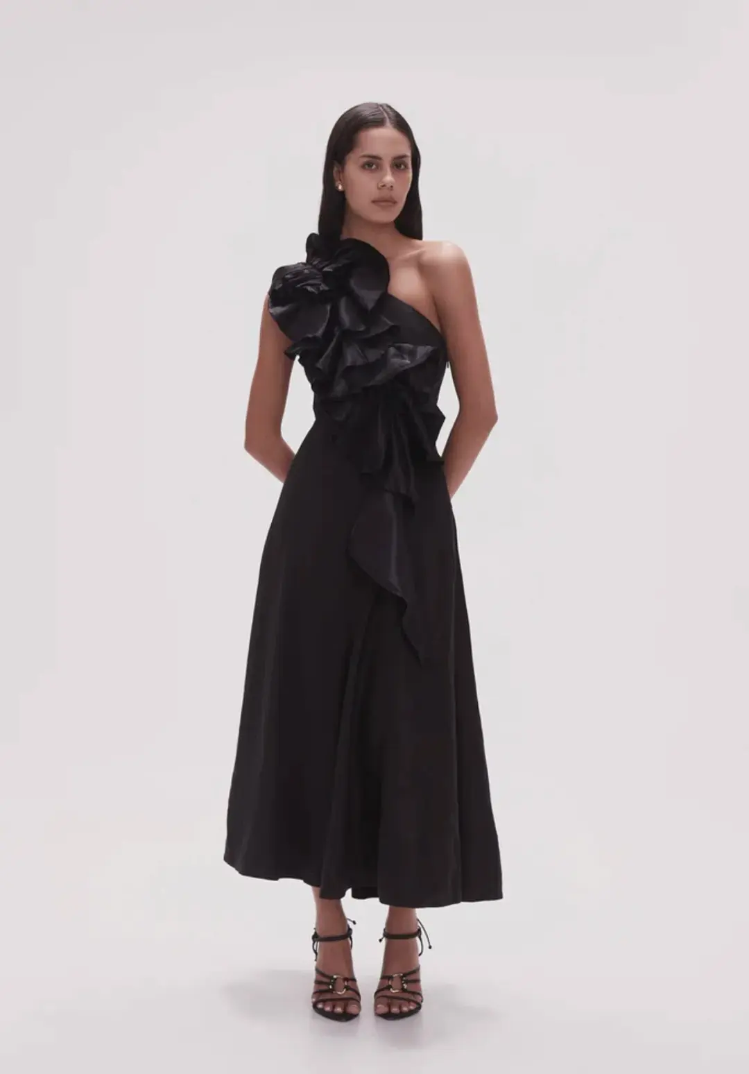 Aje Adelia Ruffle Midi Dress Black Size 8 for rent on The Volte - main image