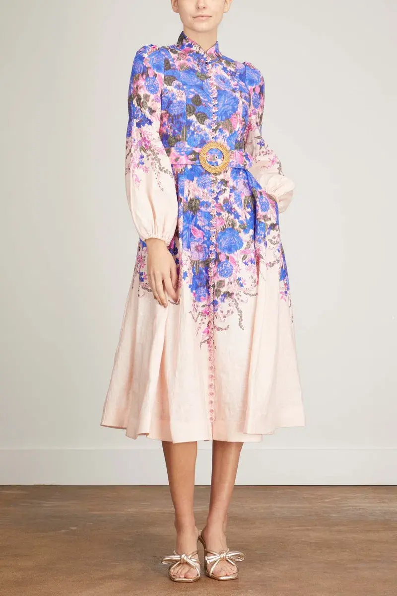 Zimmermann High Tide Buttoned Midi Dress Purple Ikat Floral Size 1 / AU 10 for rent on The Volte - main image