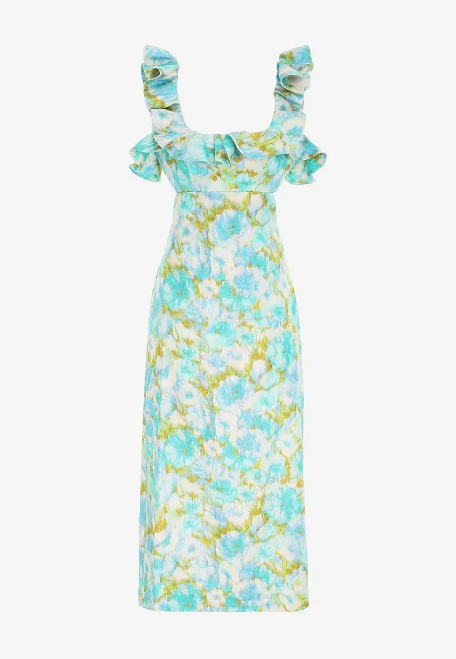 Zimmermann High Tide Frilled Midi Dress Aqua Ikat Floral Size 1 / AU 10 for rent on The Volte - main image