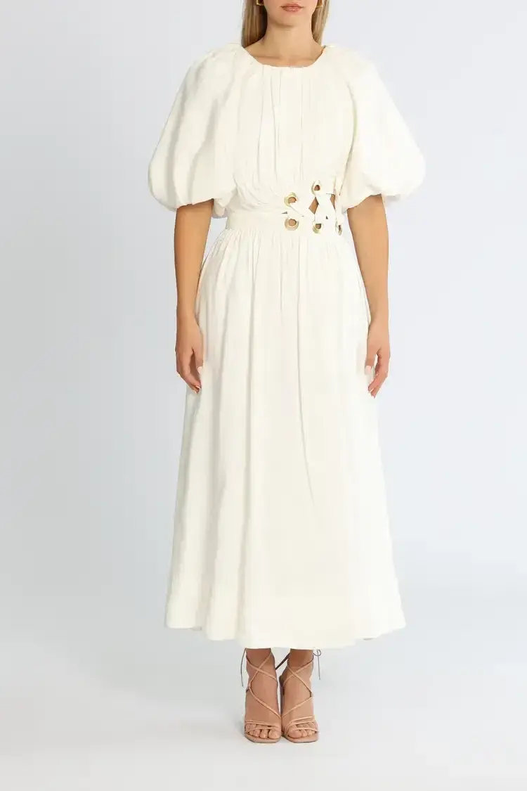Aje Virtuous Asymmetric Midi Dress in Ivory Size 10 for rent on The Volte - main image